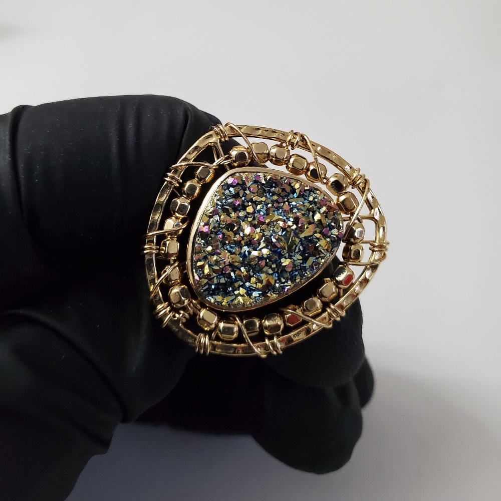 Watch Video / Gold-Tone Druzy Statement Ring with Intricate Wirework